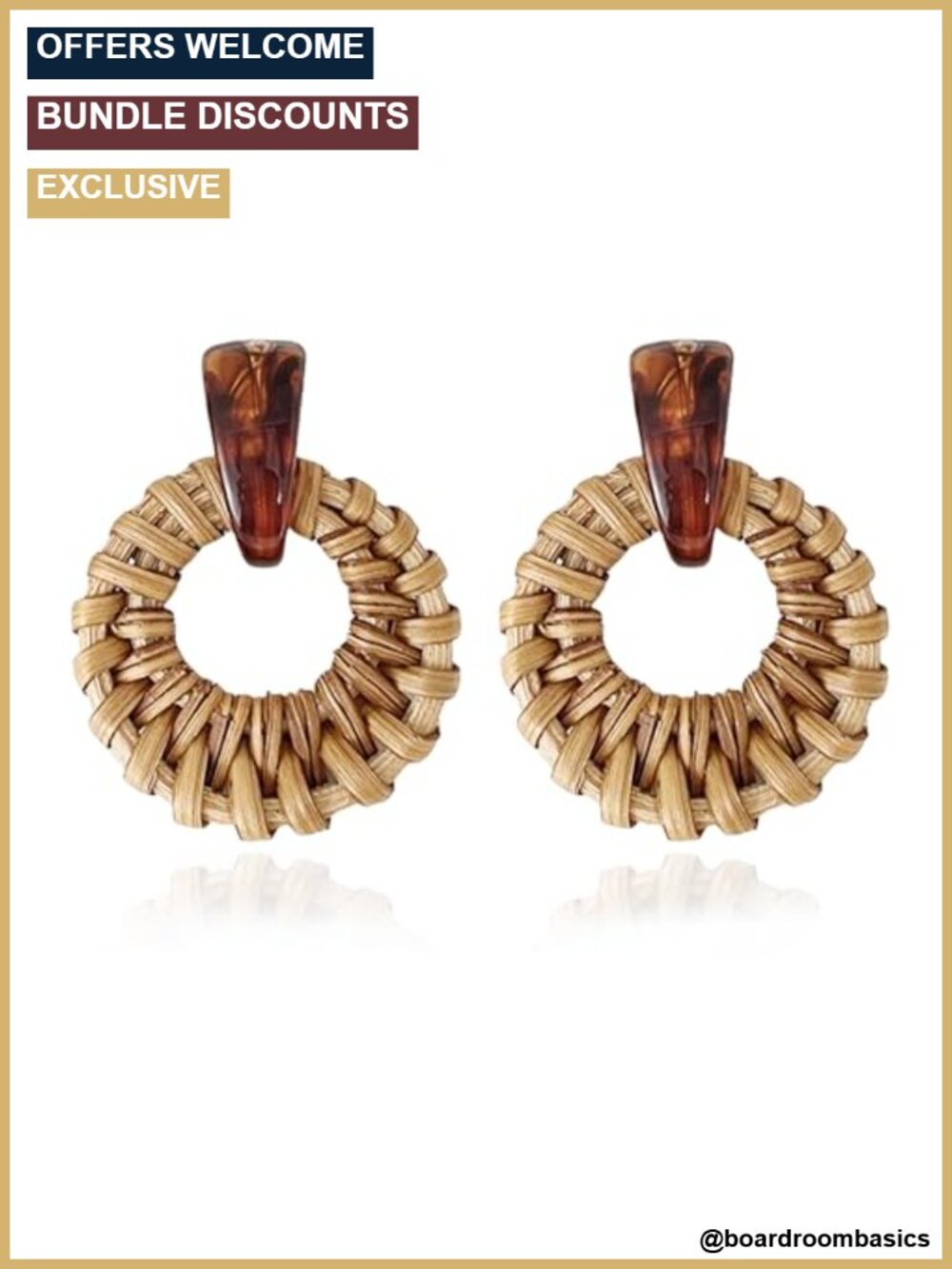 Handmade Raffia Rattan Round Drop Dangle Earrings Lightweight Boho Summer Beach